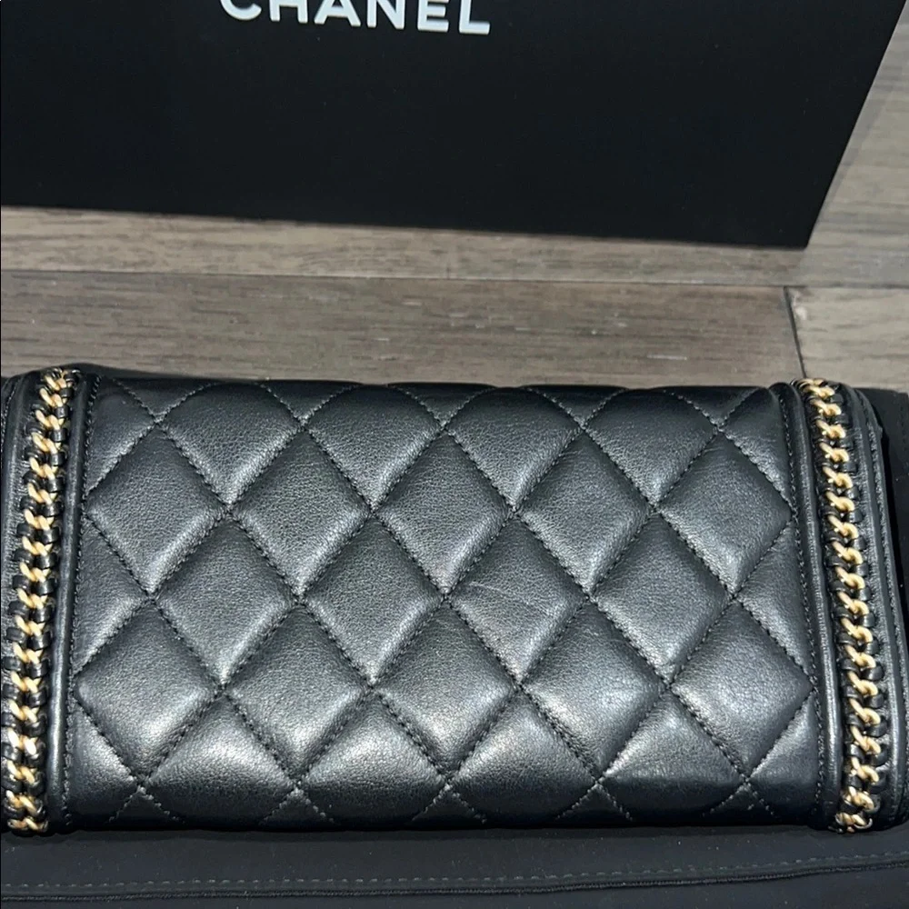 RARE!! Chanel Black and Gold Quilted distressed chain flap wallet